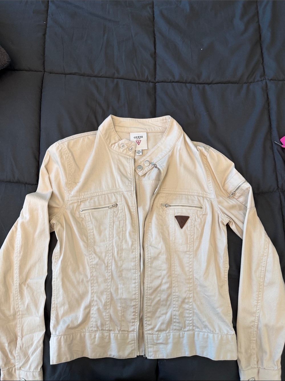 GUESS Cream Lightweight Zip Front Jean Jacket